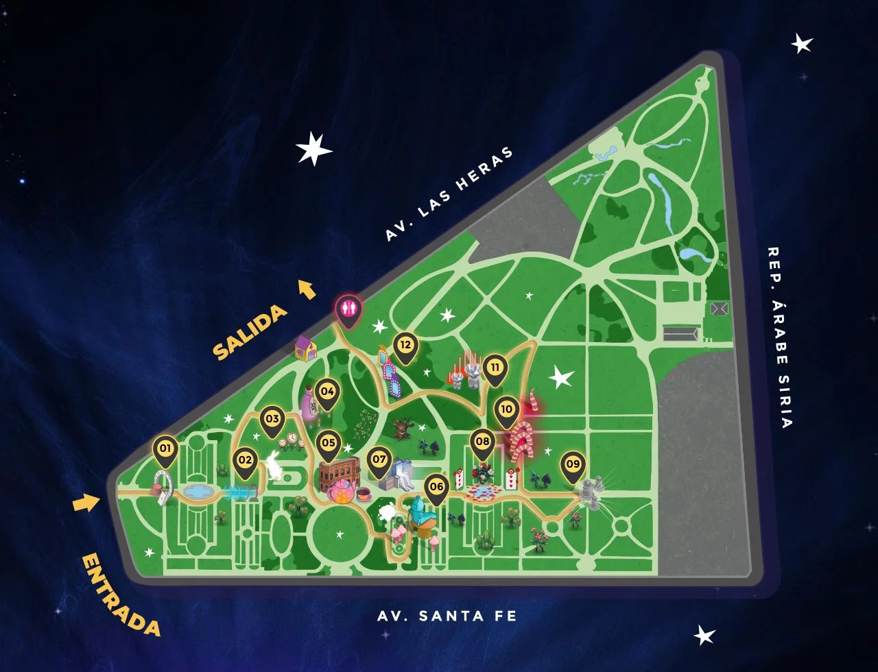 Mapa del Jardín Botánico de Buenos Aires con las 12 estaciones, la entrada sobre Av. Santa Fe y la salida sobre Av. Las Heras